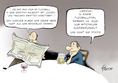 Cartoon: Austausch (medium) by Paolo Calleri tagged deutschland,bayern,csu,markus,soeder,groko,bundesregierung,spd,cdu,union,forderung,umbildung,kabinett,maut,debakel,bundesverkehrsminister,verkehrsminister,andreas,scheuer,karikatur,cartoon,paolo,calleri,deutschland,bayern,csu,markus,soeder,groko,bundesregierung,spd,cdu,union,forderung,umbildung,kabinett,maut,debakel,bundesverkehrsminister,verkehrsminister,andreas,scheuer,karikatur,cartoon,paolo,calleri