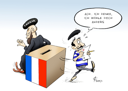 Cartoon: Beeinflussung (medium) by Paolo Calleri tagged frankreich,paris,wahlen,praesidentschaftswahlen,terror,wahlkampf,thema,islamismus,is,islamischer,staat,parteien,front,national,rechtspopulismus,rechtpopulisten,beeinflussung,sicherheit,karikatur,cartoon,paolo,calleri,frankreich,paris,wahlen,praesidentschaftswahlen,terror,wahlkampf,thema,islamismus,is,islamischer,staat,parteien,front,national,rechtspopulismus,rechtpopulisten,beeinflussung,sicherheit,karikatur,cartoon,paolo,calleri