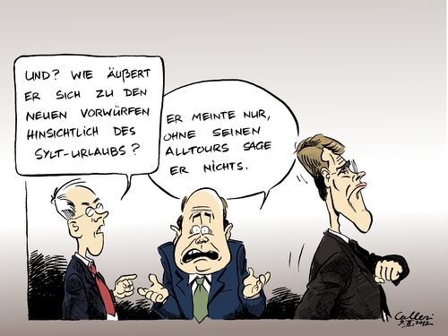 Cartoon: Bundesurlauber (medium) by Paolo Calleri tagged vertuschung,sylt,groenewold,david,produzent,freunde,luxusurlaub,urlaubsaffäre,kreditaffäre,medienaffäre,affäre,wulff,christian,bundespräsident,bundespräsident,christian wulff,affäre,medienaffäre,kreditaffäre,urlaubsaffäre,luxusurlaub,freunde,sylt,christian,wulff