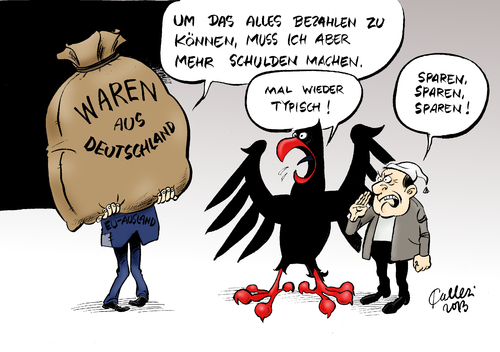 Cartoon: Des einen Freud... (medium) by Paolo Calleri tagged calleri,paolo,karikatur,schuldenkrise,konsum,binnennachfrage,importe,löhne,ungleichgewicht,schulden,bussgeld,millardenstrafe,strafe,kommission,überschuss,export,deutschland,eu,eu,deutschland,export,überschuss,kommission,strafe,millardenstrafe,bussgeld,schulden,ungleichgewicht,löhne,importe,binnennachfrage,konsum,schuldenkrise,karikatur,paolo,calleri