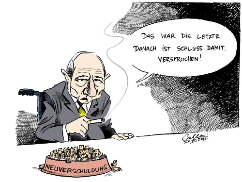 Cartoon: Entwöhnung (medium) by Paolo Calleri tagged bundesfinanzminister,wolfgang,schäuble,ausgaben,schulden,neuverschuldung,haushalt,schuldenabbau,etat,defizit,bundesfinanzminister,wolfgang schäuble,schulden,neuverschuldung,haushalt,schuldenabbau,etat,wolfgang,schäuble