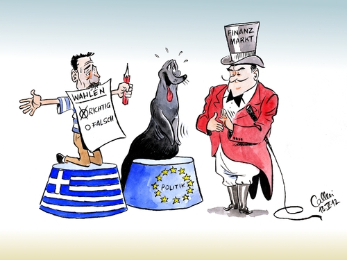 Cartoon: Eurozirkus (medium) by Paolo Calleri tagged griechenland,athen,eu,europa,euro,eurozone,finanzmärkte,politik,euroretter,schuldenkrise,bankenkrise,pleite,partnerstaaten,drachme,konservative,antonis,samaras,regierungsbildung,griechenland,athen,eu,europa,euro,eurozone,finanzmärkte,euroretter