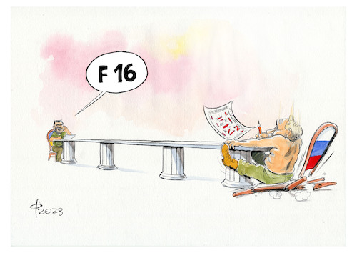 Cartoon: F-16 (medium) by Paolo Calleri tagged ukraine,russland,krieg,kampfflugzeuge,kampfjets,f16,dänemark,niederlande,militär,waffen,selensky,putin,politik,karikatur,cartoon,paolo,calleri,ukraine,russland,krieg,kampfflugzeuge,kampfjets,f16,dänemark,niederlande,militär,waffen,selensky,putin,politik,karikatur,cartoon,paolo,calleri