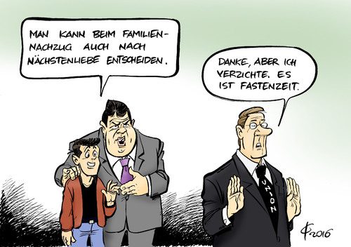 Cartoon: Familiennachzug (medium) by Paolo Calleri tagged deutschland,fluechtlingspolitik,fluechtlinge,asyl,asylpaket,asylverschaerfung,familien,familiennachzug,jugendliche,minderjaehrige,spd,union,cdu,aschermittwoch,fastenzeit,verzicht,naechstenliebe,verantwortung,verantwortungsbewusstsein,menschlichkeit,karikatur,cartoon,paolo,calleri,deutschland,fluechtlingspolitik,fluechtlinge,asyl,asylpaket,asylverschaerfung,familien,familiennachzug,jugendliche,minderjaehrige,spd,union,cdu,aschermittwoch,fastenzeit,verzicht,naechstenliebe,verantwortung,verantwortungsbewusstsein,menschlichkeit,karikatur,cartoon,paolo,calleri