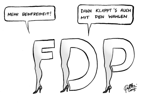 Cartoon: FDP-Comeback (medium) by Paolo Calleri tagged deutschland,hamburg,buergerschaftswahl,buergerschaft,landtag,fdp,liberale,spitzenkandidatin,katja,suding,kameraschwenk,ard,parteitag,prozent,huerde,sexismus,debatte,inhalte,karikatur,cartoon,paolo,calleri