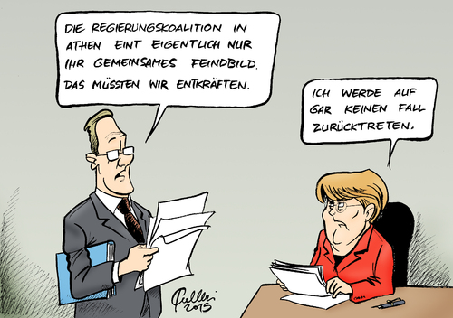 Cartoon: Feindbild (medium) by Paolo Calleri tagged griechenland,eu,athen,parlamentswahlen,linkspartei,syriza,rechtspopulisten,koalition,buendnis,sparen,spardiktat,austeritaet,schuldenkrise,regierung,bundeskanzlerin,angela,merkel,euro,eurozone,feindbild,reformen,troika,karikatur,cartoon,paolo,calleri,griechenland,eu,athen,parlamentswahlen,linkspartei,syriza,rechtspopulisten,koalition,buendnis,sparen,spardiktat,austeritaet,schuldenkrise,regierung,bundeskanzlerin,angela,merkel,euro,eurozone,feindbild,reformen,troika,karikatur,cartoon,paolo,calleri