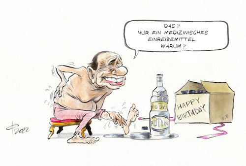 Cartoon: Geburtstagsgrüße aus Moskau (medium) by Paolo Calleri tagged eu,russland,ukraine,krieg,italien,berlusconi,geburtstag,geschenk,wodka,sanktionen,wirtschaft,putin,karikatur,cartoon,paolo,calleri,eu,russland,ukraine,krieg,italien,berlusconi,geburtstag,geschenk,wodka,sanktionen,wirtschaft,putin,karikatur,cartoon,paolo,calleri