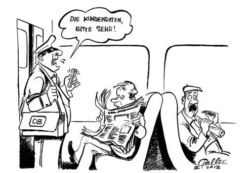 Cartoon: Geschäftsmodell (medium) by Paolo Calleri tagged deutsche,bahn,db,staatskonzern,reisende,kunden,daten,reisedaten,vielfahrer,informationen,datenschutz,datenschuetzer,werbung,marketing,marketingzwecke,bahncard,karikatur,paolo,calleri