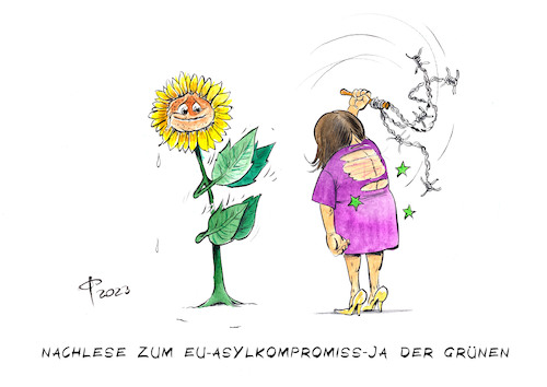 Cartoon: Grünen-Länderrat (medium) by Paolo Calleri tagged deutschland,eu,politik,asyl,asylpolitik,kompromiss,verschaerfung,laenderrat,parteien,gruene,kritik,baerbock,migration,karikatur,cartoon,paolo,calleri,deutschland,eu,politik,asyl,asylpolitik,kompromiss,verschaerfung,laenderrat,parteien,gruene,kritik,baerbock,migration,karikatur,cartoon,paolo,calleri