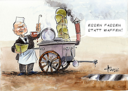 Cartoon: Gulaschkanonier (medium) by Paolo Calleri tagged deutschland,usa,russland,ukraine,krise,militaer,waffen,waffenlieferungen,bundeskanzler,olaf,scholz,treffen,helme,gesellschaft,arbeit,soziales,frieden,karikatur,cartoon,paolo,calleri,deutschland,usa,russland,ukraine,krise,militaer,waffen,waffenlieferungen,bundeskanzler,olaf,scholz,treffen,helme,gesellschaft,arbeit,soziales,frieden,karikatur,cartoon,paolo,calleri