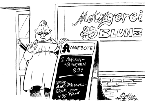 Cartoon: Gute Besserung (medium) by Paolo Calleri tagged pferdefleisch,skandal,grossbritannien,tiefkuehlkost,schmerzmittel,rheuma,fertiggericht,pferd,phenylbutazon,lasagne,bolognese,discounter,lebensmittel,industrie,nahrung,essen,rindfleisch,karikatur,paolo,calleri