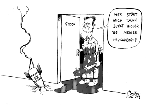 Cartoon: Hausfriedensstörung (medium) by Paolo Calleri tagged syrien,israel,iran,russland,arabische,liga,angriff,luftangriff,buergerkrieg,nahost,krieg,rache,vergeltung,bashar,al,assad,terror,blutvergiessen,ueberraschungsangriff,kritik,hisbollah,waffen,waffenlieferung