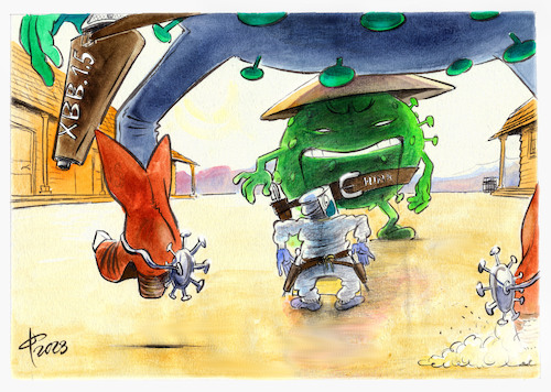 Cartoon: High Noon (medium) by Paolo Calleri tagged usa,china,eu,einreise,virus,subvariante,mutationen,mutante,welle,xxb15,omikron,infektionen,ansteckung,gesundheit,karikatur,cartoon,paolo,calleri,usa,china,eu,einreise,virus,subvariante,mutationen,mutante,welle,xxb15,omikron,infektionen,ansteckung,gesundheit,karikatur,cartoon,paolo,calleri