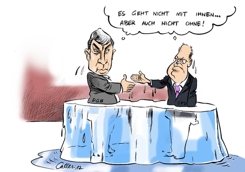 Cartoon: Eisklotz am Bein (medium) by Paolo Calleri tagged wiederannäherung,sommer,michael,steinbrück,peer,67,renteneintrittsalter,rente,streitpunkte,differenzen,arbeitnehmer,interessen,eiszeit,gewerkschaften,dgb,sozialdemokraten,spd,spd,sozialdemokraten,dgb,gewerkschaften,eiszeit,interessen,arbeitnehmer,differenzen,streitpunkte,rente,renteneintrittsalter,67,peer,steinbrück,michael,sommer,wiederannäherung