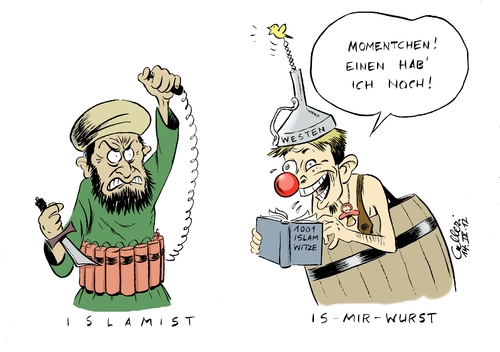 Cartoon: Knallköpfe (medium) by Paolo Calleri tagged mohammed,film,islamfeindlich,unschuld,der,muslime,proteste,gewalt,islam,westen,usa,botschaft,demonstrationen,mohammed,film,islamfeindlich,unschuld,der,muslime,proteste,gewalt,islam,westen,usa,botschaft,demonstrationen