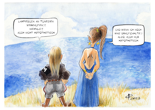 Cartoon: Lampedusa (medium) by Paolo Calleri tagged eu,italien,sizilien,lampedusa,flucht,bootsfluechtlinge,aufnahme,aufnahmezentren,tunesien,abkommen,fluechtlinge,meloni,mittelmeer,europa,politik,karikatur,cartoon,paolo,calleri,eu,italien,sizilien,lampedusa,flucht,bootsfluechtlinge,aufnahme,aufnahmezentren,tunesien,abkommen,fluechtlinge,meloni,mittelmeer,europa,politik,karikatur,cartoon,paolo,calleri