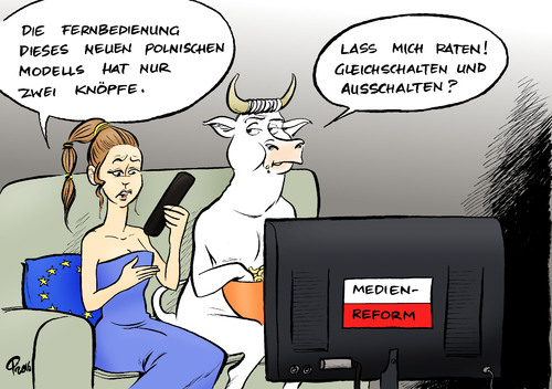 Cartoon: Medienreform in Polen (medium) by Paolo Calleri tagged eu,polen,warschau,regierung,medien,pressefreiheit,medienfreiheit,gesetzesaenderungen,rechtsstaatsmechanismus,grundwerte,europa,regierungspartei,pis,konservative,ernennung,abberufung,intendanten,sender,medienpolitik,karikatur,cartoon,paolo,calleri,eu,polen,warschau,regierung,medien,pressefreiheit,medienfreiheit,gesetzesaenderungen,rechtsstaatsmechanismus,grundwerte,europa,regierungspartei,pis,konservative,ernennung,abberufung,intendanten,sender,medienpolitik,karikatur,cartoon,paolo,calleri