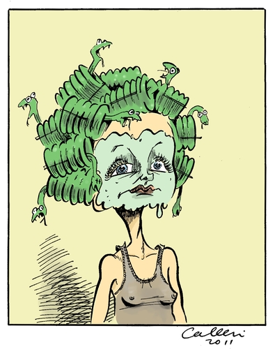 Cartoon: Medusa (medium) by Paolo Calleri tagged pflege,gesichtsmaske,frisur,lockenwickler,schlangenhaare,schlangen,gorgone,medusa,medusa,schlangen,lockenwickler,schlangenhaare,gesichtsmaske,pflege,frauen,beauty gurkenmaske,beauty,gurkenmaske