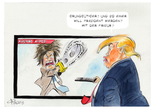 Cartoon: Milei (medium) by Paolo Calleri tagged argentinien,wahlen,praesidentschaftswahl,milei,anarchokapitalist,ultraliberal,faschismus,demokratie,oekonom,politik,usa,trump,kandidatur,karikatur,cartoon,paolo,calleri,argentinien,wahlen,praesidentschaftswahl,milei,anarchokapitalist,ultraliberal,faschismus,demokratie,oekonom,politik,usa,trump,kandidatur,karikatur,cartoon,paolo,calleri