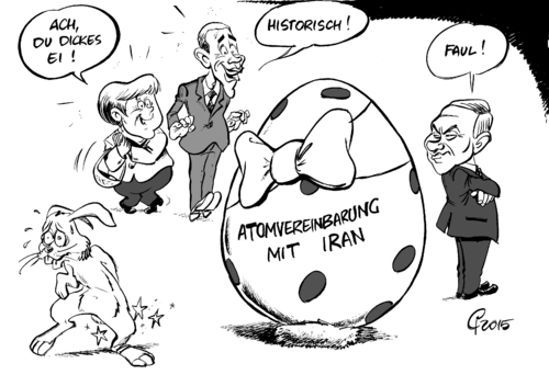 Cartoon: Osterüberraschung (medium) by Paolo Calleri tagged schweiz,lausanne,atomabkommen,uran,zentrifugen,deutschland,eu,usa,iran,urananreicherung,israel,benjamin,netanjahu,barack,obama,angela,merkel,kritik,atombombe,sanktionen,atomprogramm,karikatur,cartoon,paolo,calleri