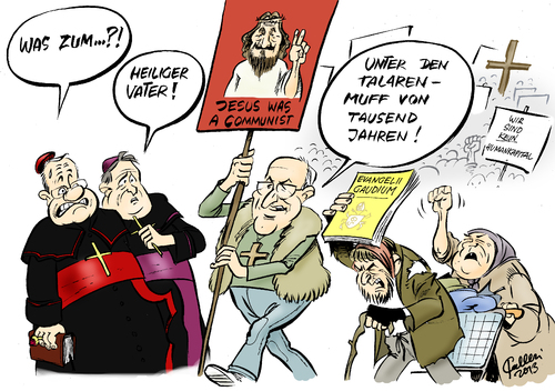 Cartoon: Revolutionär (medium) by Paolo Calleri tagged vatikan,papst,franziskus,bergoglio,schrift,evangelii,gaudium,reformen,kirche,katholizismus,christentum,glaube,armut,reichtum,kapitalismus,kapitalismuskritik,tradition,selbstkritik,evangelium,eucharistie,notleidende,karikatur,cartoon,paolo,calleri,vatikan,papst,franziskus,bergoglio,schrift,evangelii,gaudium,reformen,kirche,katholizismus,christentum,glaube,armut,reichtum,kapitalismus,kapitalismuskritik,tradition,selbstkritik,evangelium,eucharistie,notleidende,karikatur,cartoon,paolo,calleri