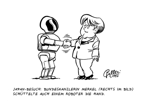 Cartoon: Roboter (medium) by Paolo Calleri tagged deutschland,japan,bundeskanzlerin,angela,merkel,besuch,roboter,technik,museum,mensch,maschine,vorbereitung,g7,gipfel,klimaschutz,krieg,terror,fukushima,atomenergie,karikatur,cartoon,paolo,calleri