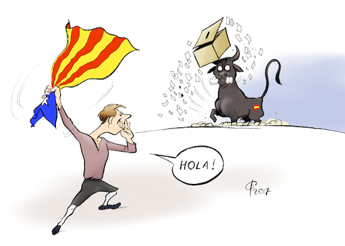 Cartoon: Rotes Tuch (medium) by Paolo Calleri tagged eu,spanien,katalonien,katalanen,referendum,abloesung,separatisten,separatismus,einheit,regierung,madrid,koenig,verfassung,zukunft,wirtschaft,kultur,karikatur,cartoon,paolo,calleri,eu,spanien,katalonien,katalanen,referendum,abloesung,separatisten,separatismus,einheit,regierung,madrid,koenig,verfassung,zukunft,wirtschaft,kultur,karikatur,cartoon,paolo,calleri