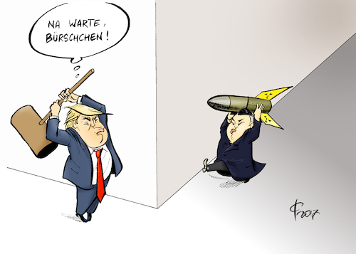 Cartoon: Schlag auf Schlag (medium) by Paolo Calleri tagged usa,nordkorea,washington,pjoengjang,raketen,militaer,atomwaffen,test,drohungen,atomschlag,krieg,donald,trump,kim,jong,un,karikatur,cartoon,paolo,calleri,schlag,usa,nordkorea,washington,pjoengjang,raketen,militaer,atomwaffen,test,drohungen,atomschlag,krieg,donald,trump,kim,jong,un,karikatur,cartoon,paolo,calleri