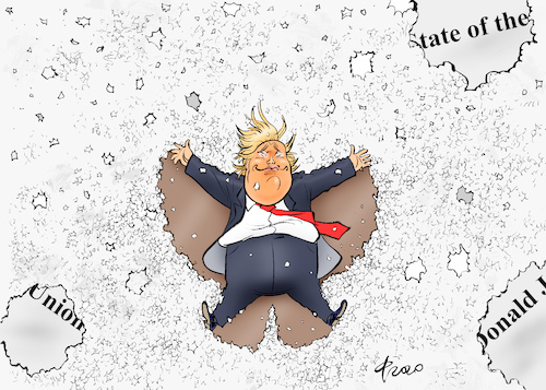 Cartoon: Schnipsel King (medium) by Paolo Calleri tagged usa,state,of,the,union,rede,lage,der,nation,donald,trump,demokraten,sprecherin,reproesentantenhaus,nancy,pelosi,ekalt,karikatur,cartoon,paolo,calleri