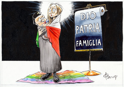 Cartoon: Schwarze Madonna (medium) by Paolo Calleri tagged eu,italien,regierung,meloni,familie,familienpolitik,lgbtq,queer,geburtsurkunden,eltern,paare,gleichgeschlechtlich,faschismus,karikatur,cartoon,paolo,calleri,eu,italien,regierung,meloni,familie,familienpolitik,lgbtq,queer,geburtsurkunden,eltern,paare,gleichgeschlechtlich,faschismus,karikatur,cartoon,paolo,calleri