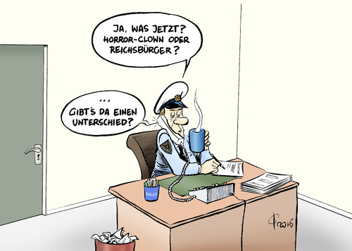 Cartoon: Sichtungen (medium) by Paolo Calleri tagged attacken,grusel,horror,clowns,deutschland,europa,usa,trend,phaenomen,reichsbuerger,reichsbuergerbewegung,rechtsextreme,verfassungsschutz,verfassungsfeindlich,polizei,karikatur,cartoon,paolo,calleri,usa,europa,deutschland,clowns,horror,grusel,attacken,trend,phaenomen,reichsbuerger,reichsbuergerbewegung,rechtsextreme,verfassungsschutz,verfassungsfeindlich,polizei,karikatur,cartoon,paolo,calleri