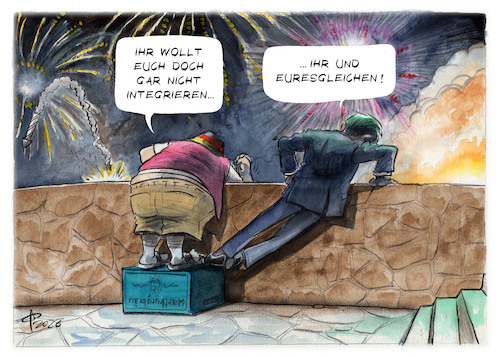 Cartoon: Silvesterrandale (medium) by Paolo Calleri tagged silvester,randale,integration,migration,angriffe,gesellschaft,demokratie,staatsbuergerschaft,ausgrenzung,karikatur,cartoon,paolo,calleri,silvester,randale,integration,migration,angriffe,gesellschaft,demokratie,staatsbuergerschaft,ausgrenzung,karikatur,cartoon,paolo,calleri