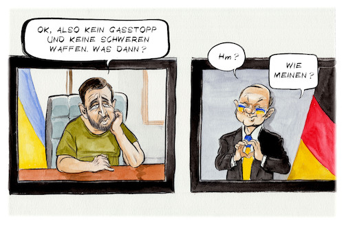 Cartoon: Solidaritätsbekundungen (medium) by Paolo Calleri tagged deutschland,ukraine,olaf,scholz,wolodomit,selenskyj,energie,gas,embargo,waffen,karikatur,cartoon,paolo,calleri,deutschland,ukraine,olaf,scholz,wolodomit,selenskyj,energie,gas,embargo,waffen,karikatur,cartoon,paolo,calleri