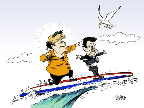 Cartoon: Tandemsurfer (medium) by Paolo Calleri tagged ump,eurokrise,sozialisten,affront,empörung,präsidentschaftswahlkampf,wahlkampf,sarkozy,nicolas,präsident,frankreich,deutschland,merkel,angela,bundeskanzlerin,bundeskanzlerin,angela merkel,deutschland,frankreich,präsident,sarkozy,präsidentschaftswahlkampf,angela,merkel