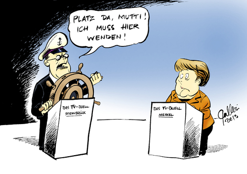 Cartoon: TV-Duell (medium) by Paolo Calleri tagged deutschland,bundestagswahl,2013,wahlkampf,tv,duell,medien,bundeskanzlerin,angela,merkel,kanzlerkandidat,peer,steinbrück,cdu,spd,umfragen,umfragewerte,karikatur,paolo,calleri,deutschland,bundestagswahl,2013,wahlkampf,tv,duell,medien,bundeskanzlerin,angela,merkel,kanzlerkandidat,peer,steinbrück,cdu,spd,umfragen,umfragewerte,karikatur,paolo,calleri