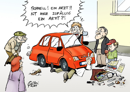 Cartoon: Unfallarzt (medium) by Paolo Calleri tagged verkehr,unfall,auto,kfz,arzt,fahrer,gesundheit,panik,karikatur,cartoon,paolo,calleri,verkehr,unfall,auto,kfz,arzt,fahrer,gesundheit,panik,karikatur,cartoon,paolo,calleri