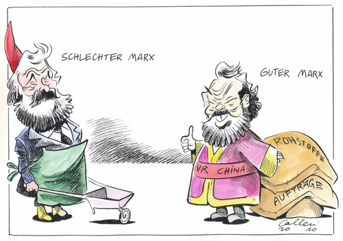 Cartoon: Unterschied (medium) by Paolo Calleri tagged linke,parteichefin,gesine,loetzsch,kommunismus,kommunismusbegriff,kommunismusdebatte,deutschland,bundesregierung,deutsche,wirtschaft,vr,china,vizepremier,li,keqiang,milliardenauftraege