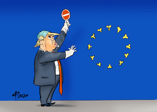 Cartoon: US-Einreiseverbot (medium) by Paolo Calleri tagged welt,china,usa,deutschland,europa,europaeer,corona,covid,19,infektionen,mobilitaet,einreise,einreiseverbot,wirtschaft,politik,gesundheit,praesident,trump,ausbreitung,virus,karikatur,cartoon,paolo,calleri,welt,china,usa,deutschland,europa,europaeer,corona,covid,19,infektionen,mobilitaet,einreise,einreiseverbot,wirtschaft,politik,gesundheit,praesident,trump,ausbreitung,virus,karikatur,cartoon,paolo,calleri