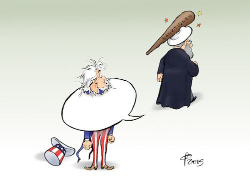 Cartoon: US-Sanktionen gegen Iran (medium) by Paolo Calleri tagged usa,iran,un,vereinte,nationen,sicherheitsrat,diplomatie,drohnen,abschuss,krieg,drohungen,sanktionen,dialog,karikatur,cartoon,paolo,calleri,usa,iran,un,vereinte,nationen,sicherheitsrat,diplomatie,drohnen,abschuss,krieg,drohungen,sanktionen,dialog,karikatur,cartoon,paolo,calleri