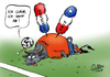 Cartoon: Abgang (small) by Paolo Calleri tagged brasilien,sport,meisterschaft,wm,2014,fifa,fussball,weltmeisterschaft,weltmeister,spanien,vorrunde,niederlande,chile,ausscheiden,niederlagen,thron,juan,carlos,abdankung,sohn,felipe,vi,thronfolger,thronwechsel,karikatur,cartoon,paolo,calleri