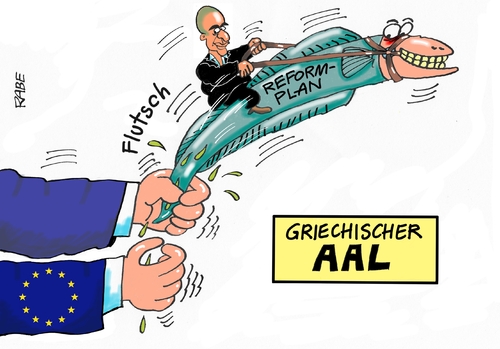 Cartoon: Aalglatt (medium) by RABE tagged griechenland,athen,austritt,eurozone,linksbündnis,rabe,ralf,böhme,cartoon,karikatur,pressezeichnung,farbcartoon,tagescartoon,syriza,tsipras,ezb,brüssel,schuldenschnitt,aal,schleim,reformpläne,varoufakis,finanzchefs,finanzminister,griechenland,athen,austritt,eurozone,linksbündnis,rabe,ralf,böhme,cartoon,karikatur,pressezeichnung,farbcartoon,tagescartoon,syriza,tsipras,ezb,brüssel,schuldenschnitt,aal,schleim,reformpläne,varoufakis,finanzchefs,finanzminister