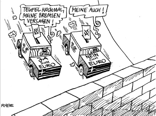 Cartoon: Abgrundtief (medium) by RABE tagged griechenland,athen,wahlen,euro,eurokrise,eu,brüssel,linke,sozialisten,parlamentswahlen,extremisten,rechte,austritt,bremsen,abgrund,mauer,stimmzettel,euroaustritt,rettungsschirm,banken,finanzkrise,griechenland,wahlen,eurozone,europa,schulden,krise