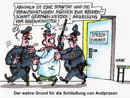 Cartoon: Abhörpraxen (medium) by RABE tagged nsa,abhörskandal,geheimdienste,überwachung,handy,merkel,obama,untersuchungsausschuss,bundesinnenminister,friedrich,botschaft,usa,ausweisung,abhörung,rabe,ralf,böhme,cartoon,karikatur,pressezeichnung,farbcartoon,arzt,doktor,lunge,atmung,stetoskop,wartezimmer,sprechzimmer,patienten,polizei,gefängnis,anordnung,handschellenschliessung,arztpraxis,snowden,verantwortliche,ausspionieren,spionage,stasi,bürgerrechte,spitzel,schlapphüte,nsa,abhörskandal,geheimdienste,überwachung,handy,merkel,obama,untersuchungsausschuss,bundesinnenminister,friedrich,botschaft,usa,ausweisung,abhörung,rabe,ralf,böhme,cartoon,karikatur,pressezeichnung,farbcartoon,arzt,doktor,lunge,atmung,stetoskop,wartezimmer,sprechzimmer,patienten,polizei,gefängnis,anordnung,handschellenschliessung,arztpraxis,snowden,verantwortliche,ausspionieren,spionage,stasi,bürgerrechte,spitzel,schlapphüte