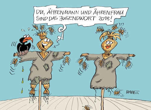 Cartoon: Ährenvolles (medium) by RABE tagged jugendwort,ehre,ehrenmann,ehrenfrau,ehrenhaft,erich,feld,rabe,ralf,böhmne,cartoon,karikatur,pressezeichnung,farbcartoon,tagescartoon,acker,krähen,vogelcheuche,mann,frau,sprachgebrauch,jugendwort,ehre,ehrenmann,ehrenfrau,ehrenhaft,erich,feld,rabe,ralf,böhmne,cartoon,karikatur,pressezeichnung,farbcartoon,tagescartoon,acker,krähen,vogelcheuche,mann,frau,sprachgebrauch