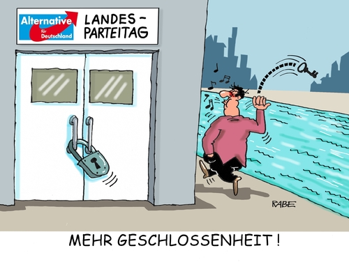 Cartoon: AfD Landesparteitag (medium) by RABE tagged afd,thüringen,björn,höcke,landesregierung,kandidatur,bundestagswahl,mandat,rabe,ralf,böhme,cartoon,karikatur,pressezeichnung,farbcartoon,tagescartoon,landesparteitag,meuthen,petry,gauland,führungsspitze,geschlossenheit,führungsstreit,von,storch,alternative,für,deutschland,schloß,abschließen,schlüssel,vorhängeschloß,afd,thüringen,björn,höcke,landesregierung,kandidatur,bundestagswahl,mandat,rabe,ralf,böhme,cartoon,karikatur,pressezeichnung,farbcartoon,tagescartoon,landesparteitag,meuthen,petry,gauland,führungsspitze,geschlossenheit,führungsstreit,von,storch,alternative,für,deutschland,schloß,abschließen,schlüssel,vorhängeschloß