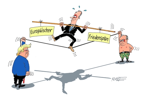Cartoon: Akrobat (medium) by RABE tagged merz,union,kanzler,fritze,koalition,spd,klingbeil,bundesregierung,rabe,ralf,böhme,cartoon,karikatur,pressezeichnung,farbcartoon,tagescartoon,trump,putin,krisen,tv,nachrichten,waschmaschine,frieden,friedensplan,ukraine,kiew,russland,moskau,berlin,drahtseil,balance,friedensgespräch,merz,union,kanzler,fritze,koalition,spd,klingbeil,bundesregierung,rabe,ralf,böhme,cartoon,karikatur,pressezeichnung,farbcartoon,tagescartoon,trump,putin,krisen,tv,nachrichten,waschmaschine,frieden,friedensplan,ukraine,kiew,russland,moskau,berlin,drahtseil,balance,friedensgespräch