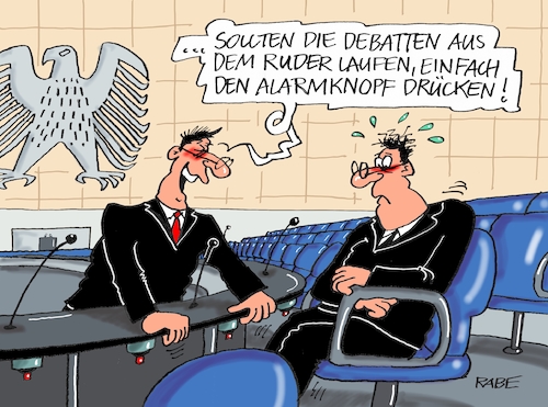 Cartoon: Alarmknopf (medium) by RABE tagged bundestag,bundestagssitzung,bundestagswahl,schlagabtausch,lammert,merkel,gabril,rabe,ralf,böhme,cartoon,karikatur,pressezeichnung,farbcartoon,tagescartoon,loge,bundestagspräsident,schäuble,bundestagsvizepräsident,glaser,bundestagspräsidentenwahl,bundestagssitze,krawalle,afd,aggression,bundestagsdebatten,bundestag,bundestagssitzung,bundestagswahl,schlagabtausch,lammert,merkel,gabril,rabe,ralf,böhme,cartoon,karikatur,pressezeichnung,farbcartoon,tagescartoon,loge,bundestagspräsident,schäuble,bundestagsvizepräsident,glaser,bundestagspräsidentenwahl,bundestagssitze,krawalle,afd,aggression,bundestagsdebatten