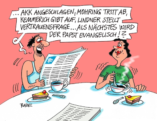 Cartoon: Alles steht Kopf (medium) by RABE tagged landtagswahlen,wahlergebnisse,sachsen,brandenburg,groko,spd,cdu,rabe,ralf,böhme,cartoon,karikatur,pressezeichnung,farbcartoon,tagescartoon,arzt,doktor,csu,afd,verluste,rechte,populismus,thüringen,erfurt,bodo,ramelow,kemmerich,fdp,mike,mohring,akk,vorstandssitzung,papst,katholisch,evangelisch,christian,lindner,vertrauensfrage,rücktritt,lösungsweg,krise,frühstückstisch,tageszeitung,höcke,landtagswahlen,wahlergebnisse,sachsen,brandenburg,groko,spd,cdu,rabe,ralf,böhme,cartoon,karikatur,pressezeichnung,farbcartoon,tagescartoon,arzt,doktor,csu,afd,verluste,rechte,populismus,thüringen,erfurt,bodo,ramelow,kemmerich,fdp,mike,mohring,akk,vorstandssitzung,papst,katholisch,evangelisch,christian,lindner,vertrauensfrage,rücktritt,lösungsweg,krise,frühstückstisch,tageszeitung,höcke