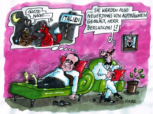 Cartoon: Alptraumhaftes (medium) by RABE tagged berlusconi,italien,mafia,ministerpräsident,kanzlerin,merkel,cdu,bundesregierung,finanzminister,schäuble,euro,krise,schuldenkrise,pleite,pleitegeier,rettungsschirm,rettungspaket,schulden,schuldelasthilfspaket,sparpaket,eu,brüssel,griechenland,portugal,irland,hilfsfond,psychiater,doktor,arzt,patient,psychiatrie,sigmund,freud,couch,liege,sessel,traum,alptraum,tiere,fuch,hase,mond,mondschein,qual,eurozone,bankenbranche,märkte,finanzhilfe,parlament,europartner,talfahrt,dax,gemeinschaftswährung,ratingagentur,oligopol,währungkommissar,berlusconi,italien,mafia,ministerpräsident,kanzlerin,merkel,cdu,bundesregierung