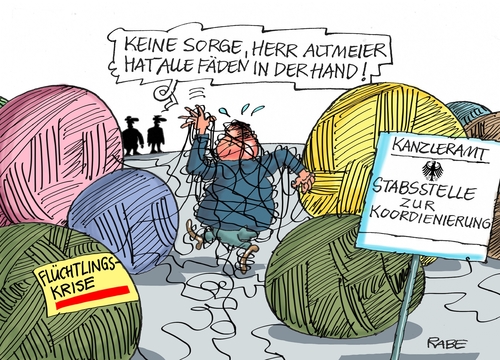 Cartoon: Altmeier (medium) by RABE tagged merkel,altmeier,kanzleramt,stabsstelle,koordinierung,flüchtlinge,flüchtlingskrise,rabe,ralf,böhme,cartoon,karikatur,pressezeichnung,farbcartoon,tagescartoon,wolle,fäden,flüchtlingsheim,merkel,altmeier,kanzleramt,stabsstelle,koordinierung,flüchtlinge,flüchtlingskrise,rabe,ralf,böhme,cartoon,karikatur,pressezeichnung,farbcartoon,tagescartoon,wolle,fäden,flüchtlingsheim